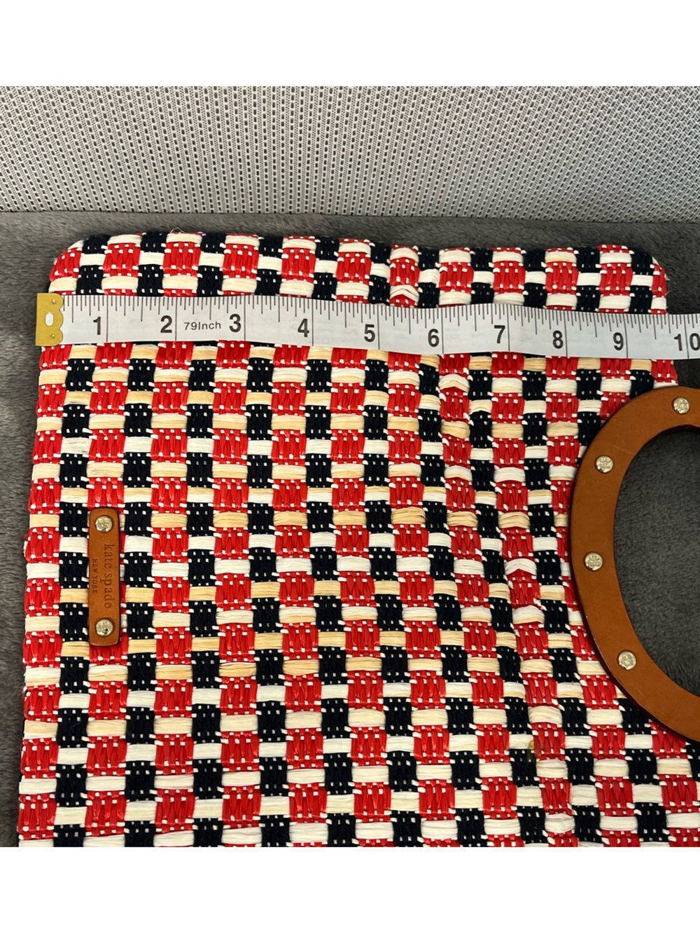 Kate Spade Red, White & Navy Woven Tote Clutch with Brown Leather Handles - Picture 9 of 10